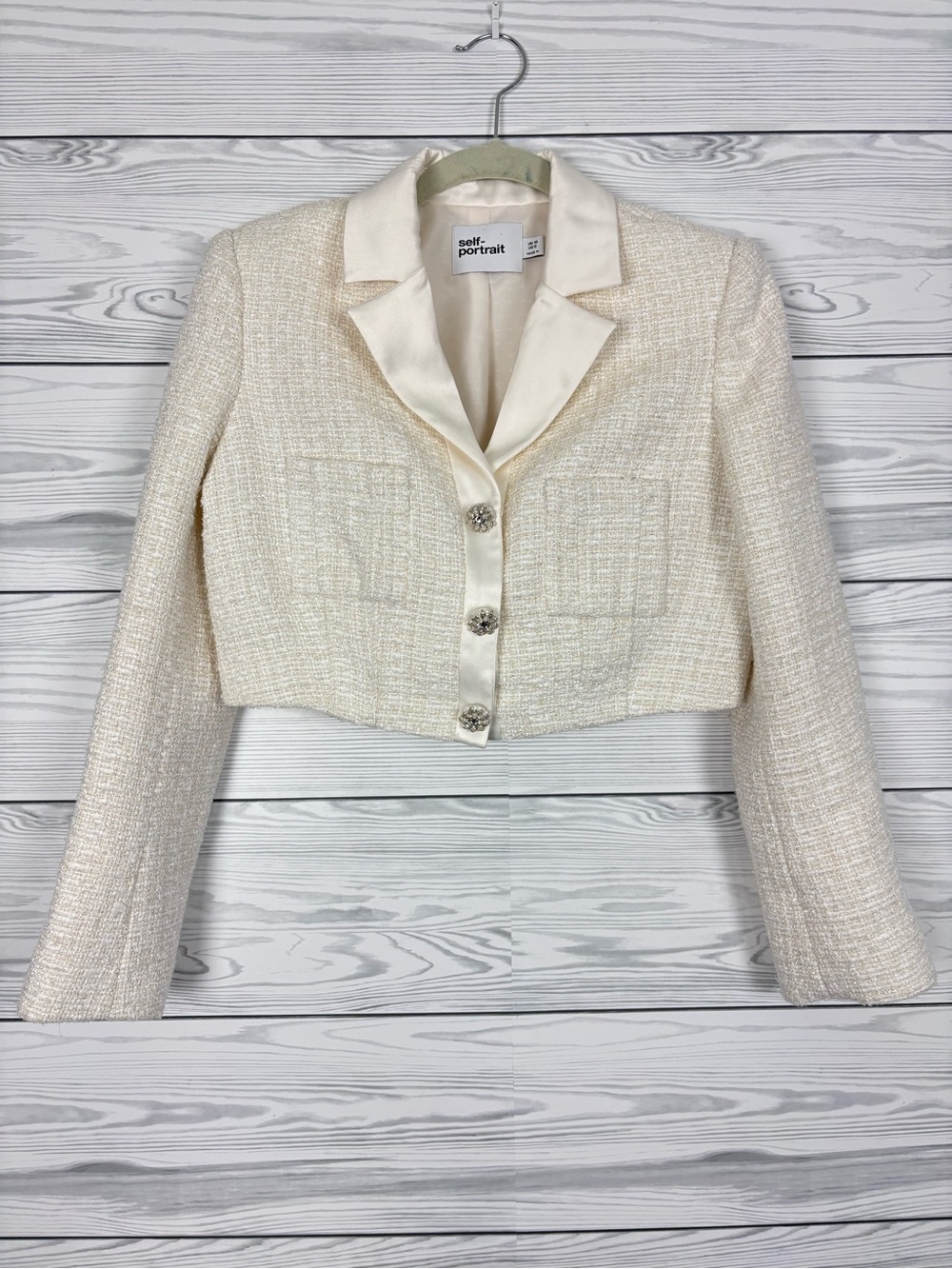 Self-Portrait white Boucle knit cropped blazer jacket size 6 - Picture 2 of 13